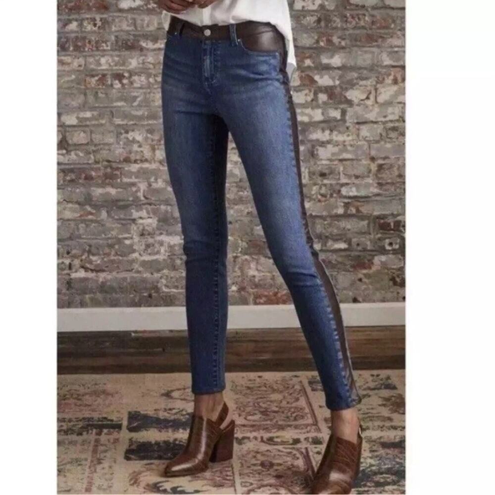 Ecru Faux Leather Tuxedo Stripe Skinny Jeans 28 Moto Side Panel Blue Denim Edgy